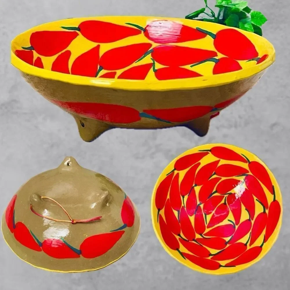NWT Mexican Pottery Art 9.5” Hand Painted Footed Yellow Chili Pepper Salsa Bowl